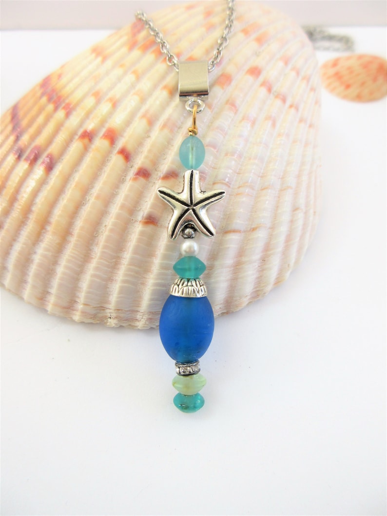 Sea-glass Pendant wchain,Stack of sea-glass,pearl,925 silver starfish,gold wire,crystal bead,silver bail-Blue bead,w18 goldtone chain