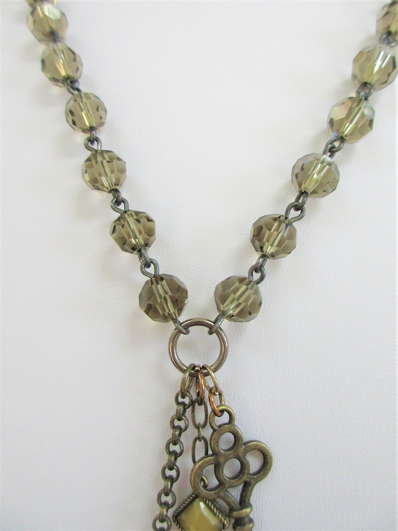 Chandelier Key Heart Olive Crystal Necklaces,Vintage,Handmade,Found object Key Heart Crystal Charms,Repurposed Crystal Glass,Layer Pendants