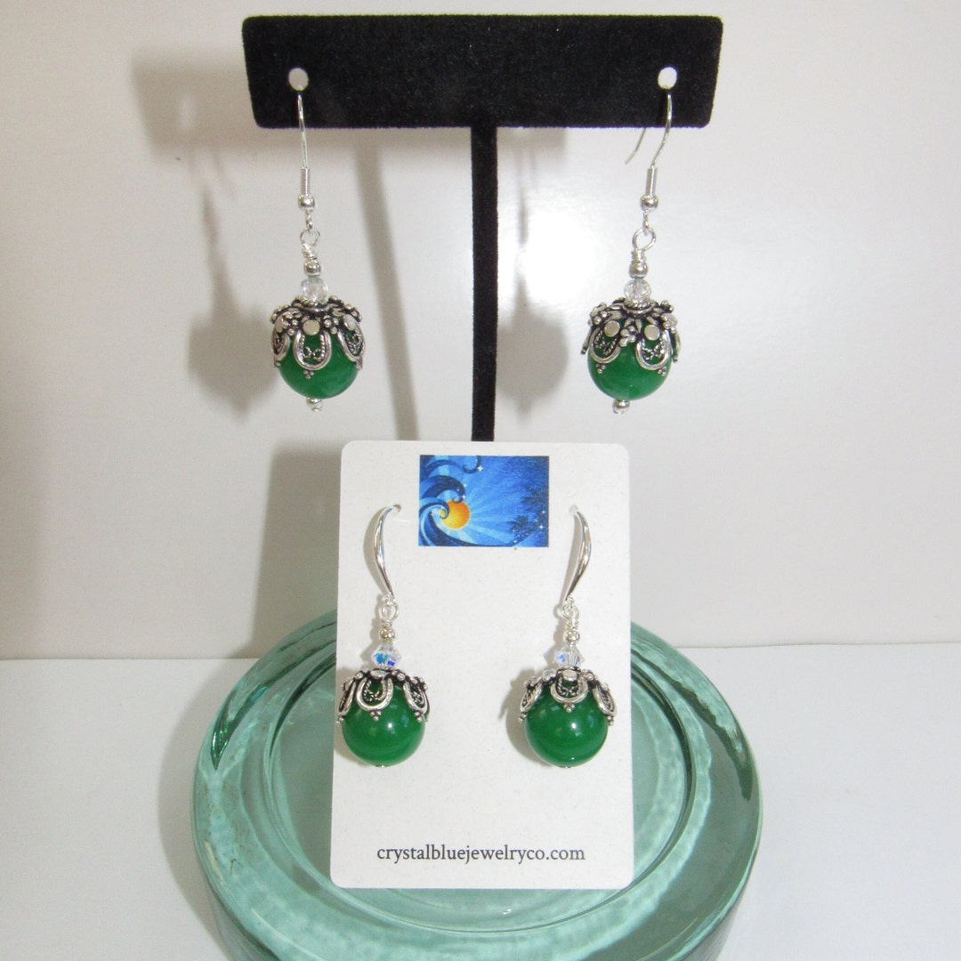 Green Jade Ball Earrings,jade Silver Cap Earrings,filigree Jade