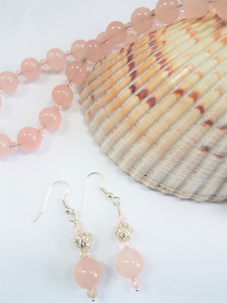Pink Champagne 24w Pink crystal necklace,SS hook closure Rose Quartz Necklace complete with matching earrings,silver cage ball bead