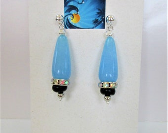 Sky Blue Jade Teardrop Earrings: Black Jasper & Aurora Crystal