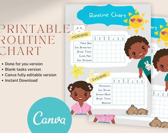 Tabella di routine per bambini modificabile: mattina e sera, modello Canva (download immediato)