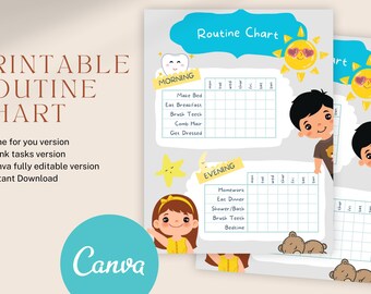 Tabella di routine per bambini modificabile: mattina e sera, modello Canva (download immediato)