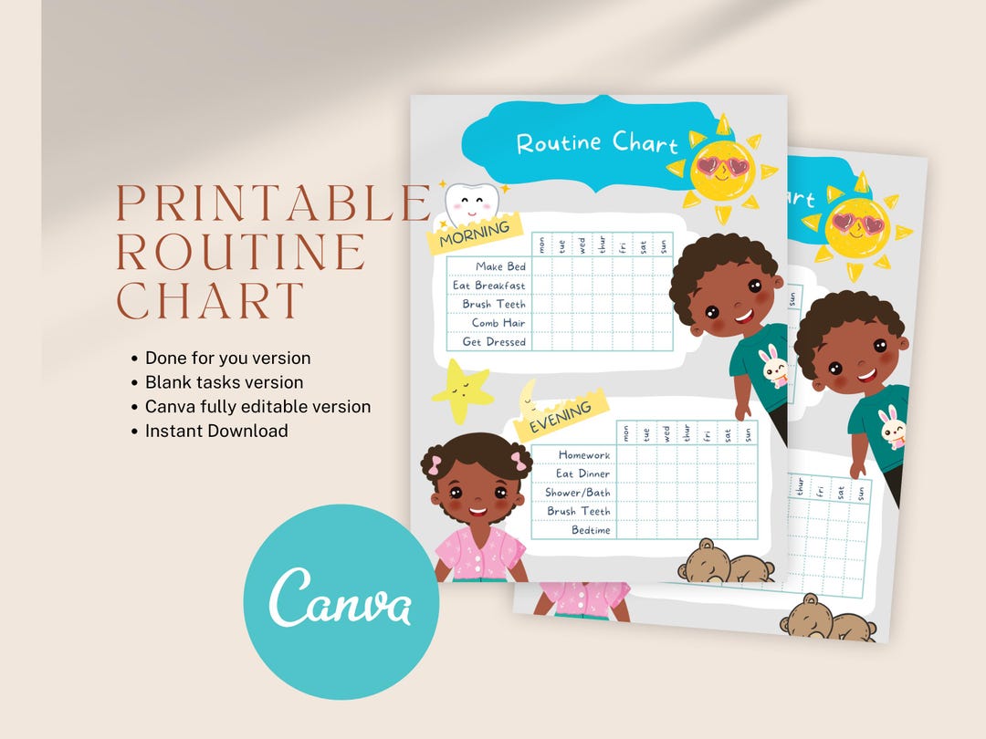 Editable Kids Routine Chart: Morning & Evening, Canva Template (instant ...
