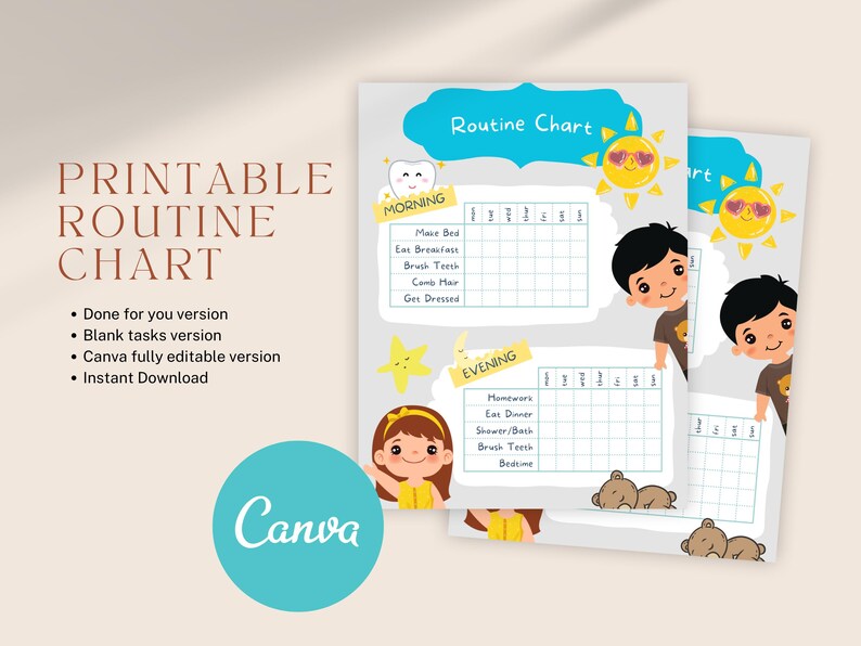 Editable Kids Routine Chart: Morning & Evening, Canva Template (instant ...