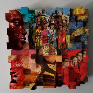 Puede incluir: Un collage colorido de imágenes, que incluye un primer plano de una cara, un grupo de personas y una pintura de una noche estrellada. El collage está hecho de pequeños cuadrados de madera, cada uno con una imagen diferente.