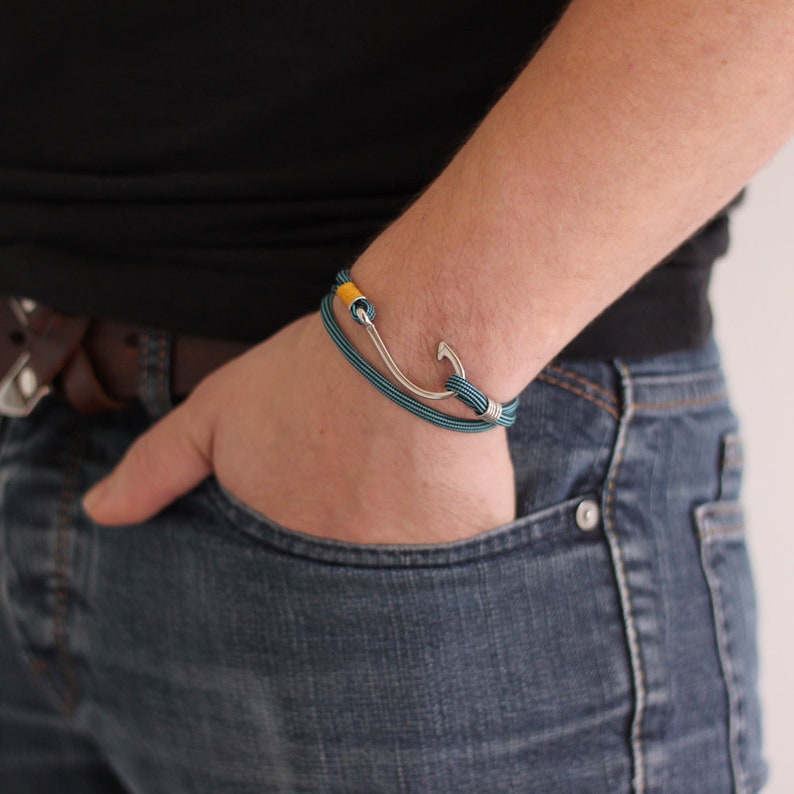 steel hook jewelry rope marine style for boat enthusiast Hook bracelet Paracord blue and yellow gift for men