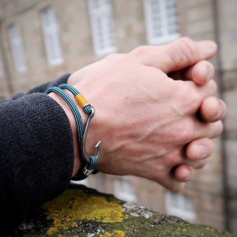steel hook jewelry rope marine style for boat enthusiast Hook bracelet Paracord blue and yellow gift for men