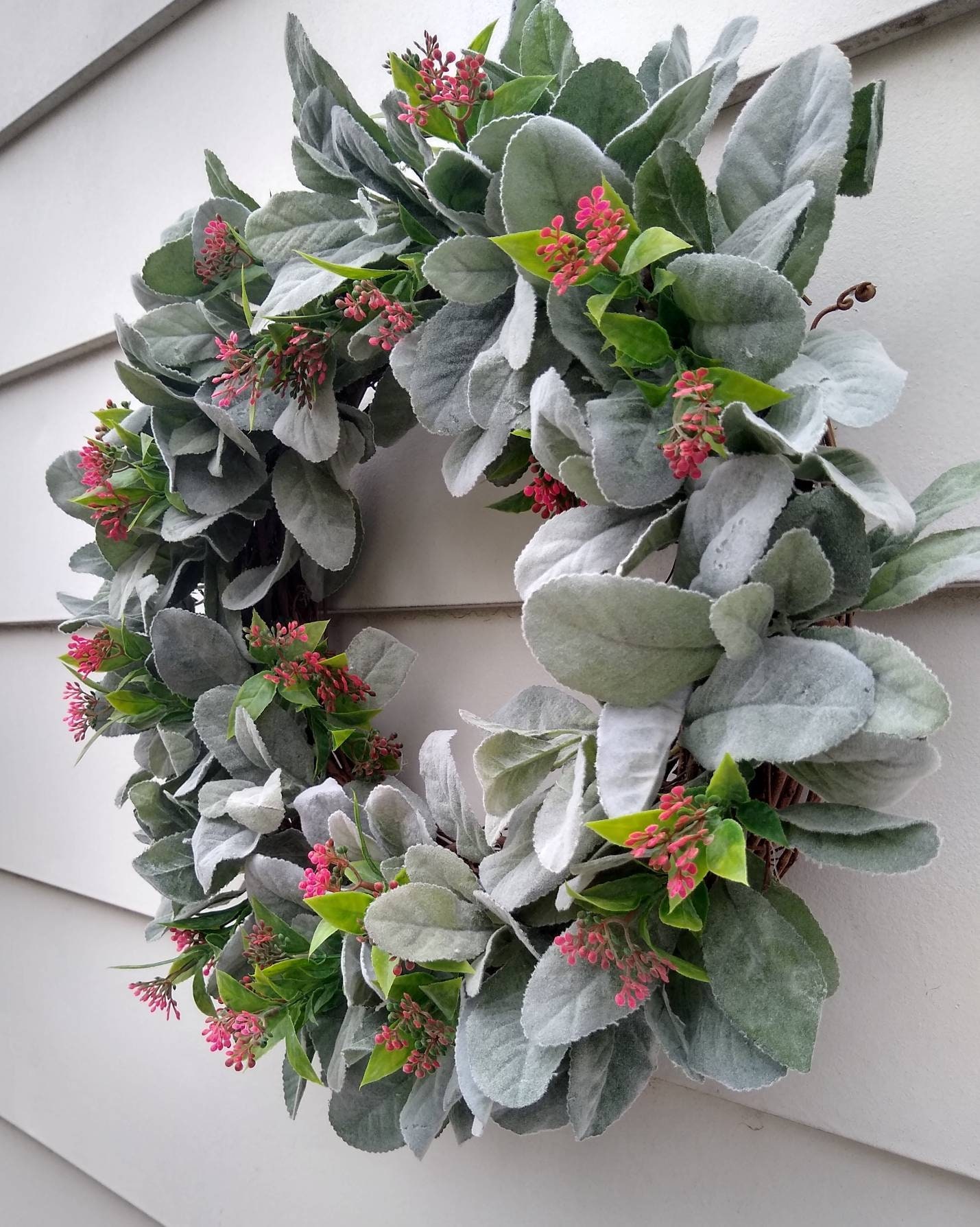 Lamb's ear wreath with spring flowers year round wreath Etsy