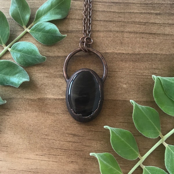 Obsidian Pendant, Gold Sheen Obsidian, Electroformed Jewelry, Obsidian Necklace, Layering Necklace, Copper and Obsidian Necklace