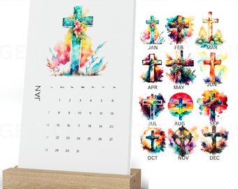 Watercolor Cross with Jesus: 2024 Vertical Desk Calendar with  Oak Stand