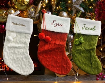 2023 Embroidered Christmas Stocking with Name,Knitted Christmas Stockings with a pom pom,Family Stockings Monogram Christmas Stockings Gifts