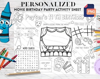 Personalized Movie Birthday Activity Sheet | Cinema Party Placemat (Digital Download)