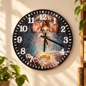 May include: A round wall clock featuring a detailed illustration of an elderly person with a long white beard and blue eyes. The person holds a golden ring in their hands. The clock face has large white numbers from 1 to 12 and black hands.