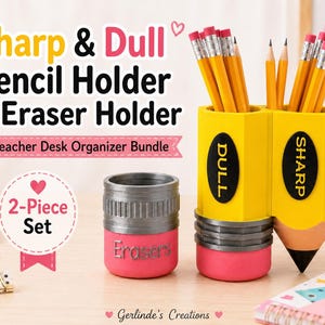 May include: A two-piece desk organizer set featuring a yellow pencil-shaped holder with DULL and SHARP labels and a pink eraser-shaped holder labeled Erasers. The set includes yellow pencils and is designed for organizing school or office supplies.