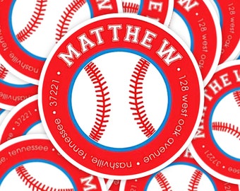 Personalized Red Baseball Round Address Label