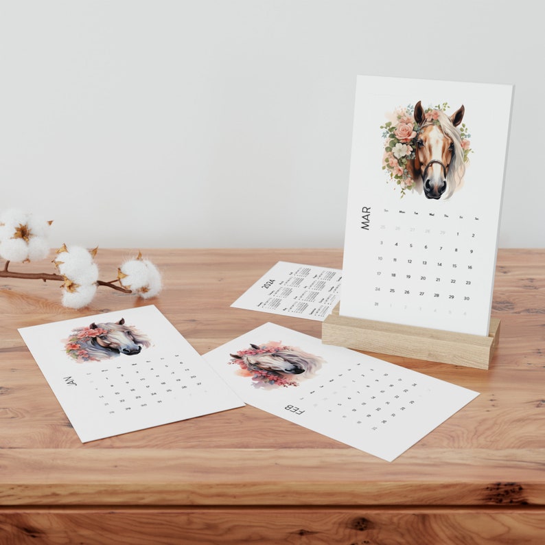 2024 Watercolor Floral Horse Desk Calendar With Oak Wood Stand Embrace