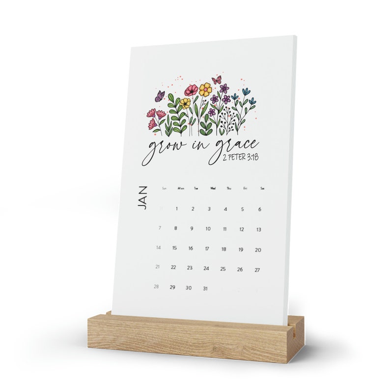 2024 Floral Bible Verse Desk Calendar With Wood Oak Stand Embrace