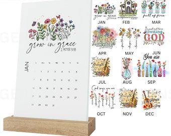 2024 Floral Bible Verse Desk Calendar  with wood oak stand- Embrace Serenity and Inspiration, Valentine's day gift