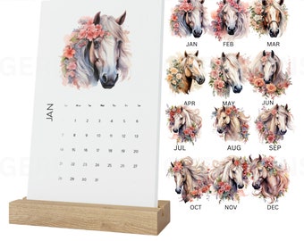 2024 Watercolor Floral Horse Desk Calendar with oak wood stand- Embrace Nature's Beauty