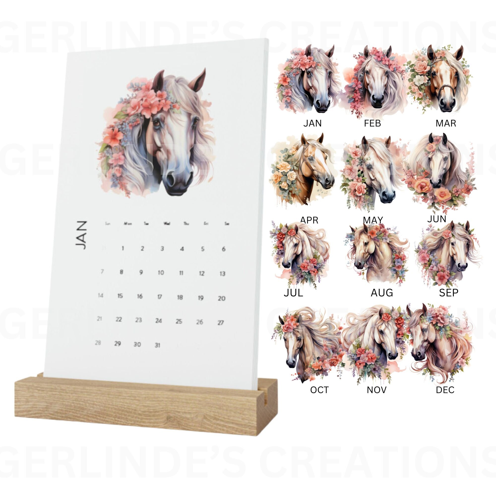 2024 Watercolor Floral Horse Desk Calendar With Oak Wood Stand Embrace