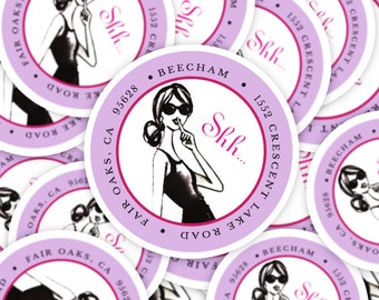 Personalized Lavender Shh Lady Surprise Round Address Labels