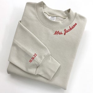 Custom Mrs. Embroidered Sweatshirt, Name On Neckline, Date On Sleeve, Wife Shirt, Future Mrs Sweatshirt, Engagement Gift, Bride To Be