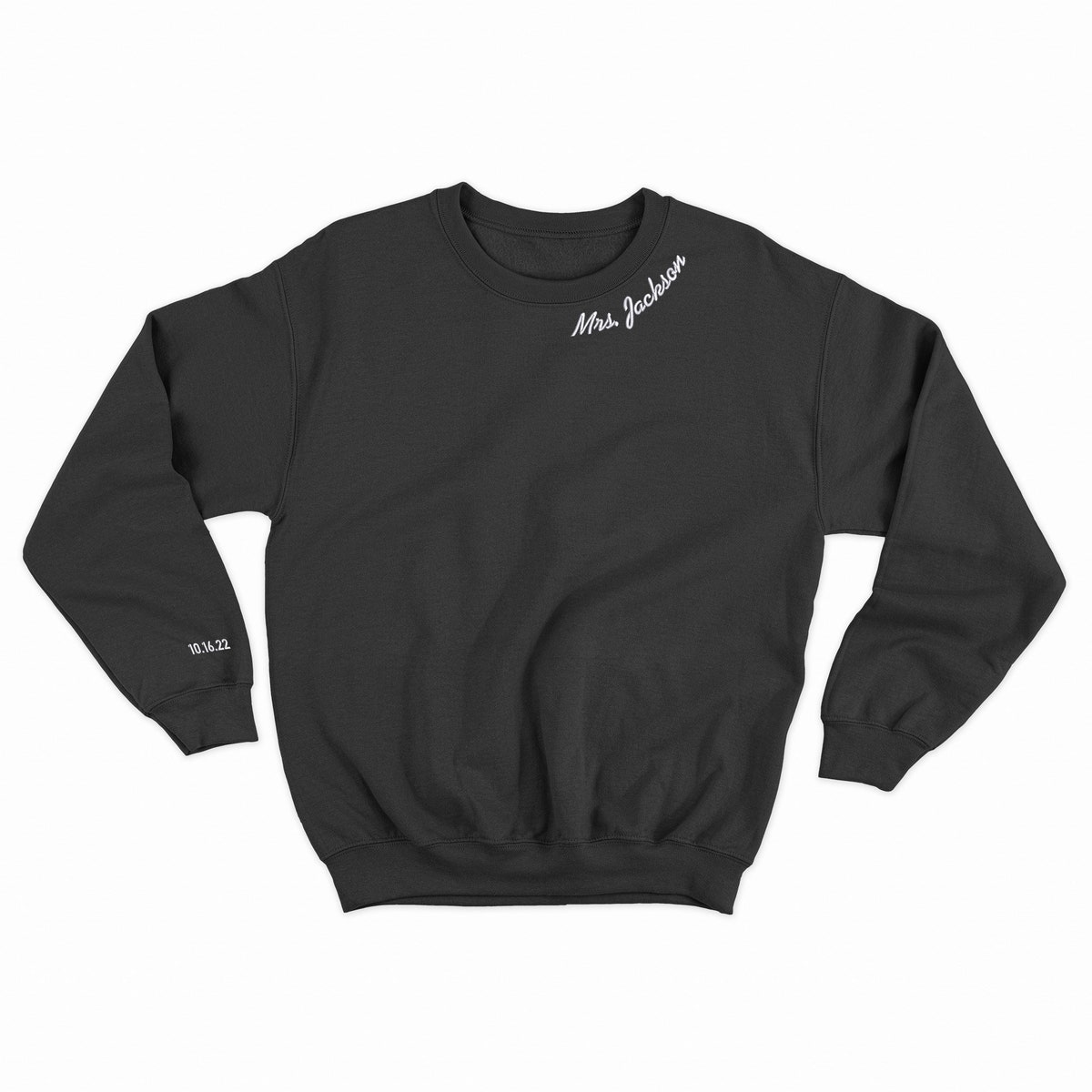 Mrs. Embroidered Sweatshirt, Black sweater, white thread