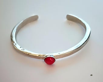 Sterling Silver and Red Coral Cuff Bangle Bracelet by Artisan Deborah Iannicca