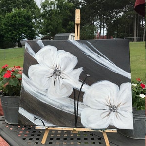Dark Chocolate w/ White Poppies, Acrylic Painting on Canvas, 16x20
