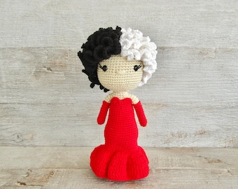 Amigurumi crochet Cruella in red pattern - Patrón Ganchillo Amigurumi Cruella de rojo