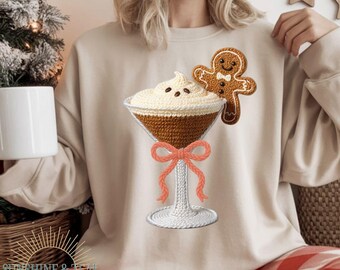 Latch Hook Yarn Espresso Martini Gingerbread, Crochet Coquette Santa, Merry Christmas Png, Christmas Bow Png, faux embroidery, Faux yarn