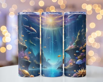 Sea Creatures Ocean Life 20 oz Skinny Tumbler wrap design, Tumbler Sublimation Design, Fish Tumbler, Under the Sea PNG Digital Download