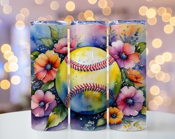 20oz Skinny Tumbler Softball Flowers Watercolor Designs Straight PNG File Download Cute Softball sport Seamless tumbler design