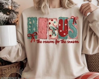 Latch Hook Coquette Christmas Jesus Png, Preppy Christmas Bow Yarn Png, Crochet Png, Jesus Is The Reason, Faux Glitter,Nativity Scene Png