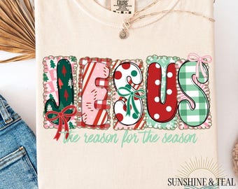 Coquette Floral Christmas Jesus Png, Preppy Christmas Bow Png, Checkered Red Plaid Png, Jesus Is The Reason, Faux Glitter,Nativity Scene Png