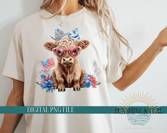 July 4th Highland Cow PNG, Merica Funny Cute Baby Cow, Coquette Fourth Of July Sublimation Design, Trendy America USA Popular PNG