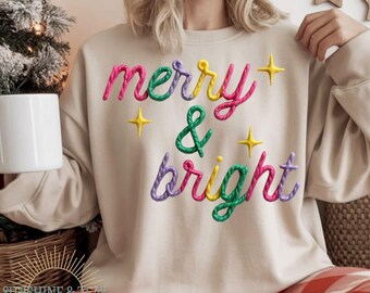 Merry and Bright Faux Yarn Christmas Png, Preppy Christmas Bow Png, Simple Holiday Png, Christmas Tree , Colorful Christmas, Multicolor