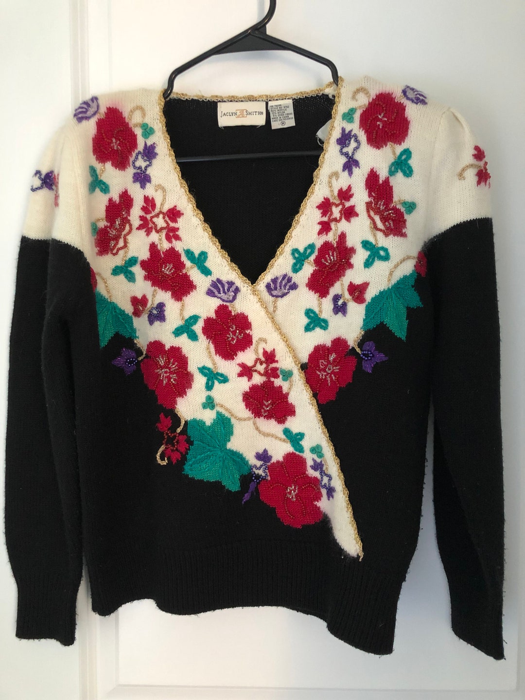 Vintage Black & White Floral Sweater With Beaded Detail Etsy