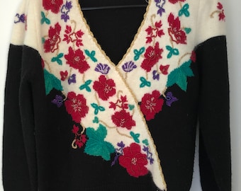 Vintage Black & White Floral Sweater with Beaded Detail