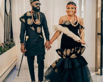 Isiagu wedding attire, igbo couple traditional wedding attire,  African clothes, Igbo bride dress, Igbo groom suit outfit , African attire