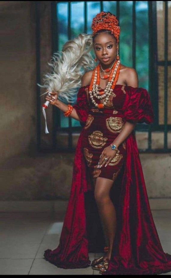 Isiagu traditional marriage attire, bride igba nkwu dress, Igbo