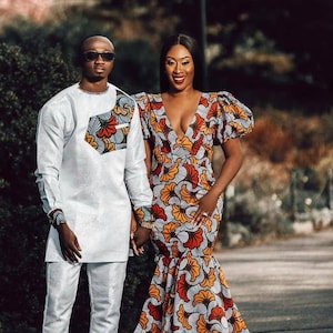 Couples African outfit, Ankara gown, African men 2 piece, African couples engagement outfit, Ankara dress, Couples matching African clothing image 1