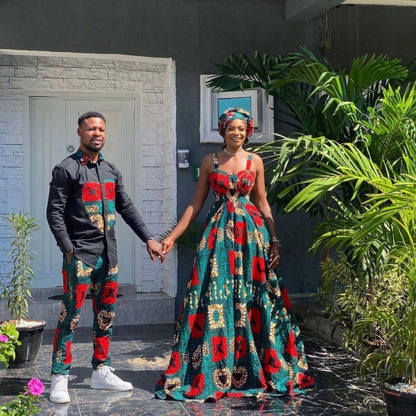 Couple African outfit, African engagent outfits, African wedding outfit, Ankara gown, african couples matching outfit,  Ankara dresses