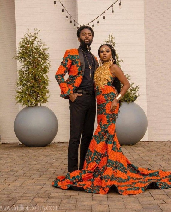 African Print Long Mermaid Dresses for Women Match Men Outfits Dashiki Top  and Pants Sets Bazin Riche Couples Clothes Y22C024