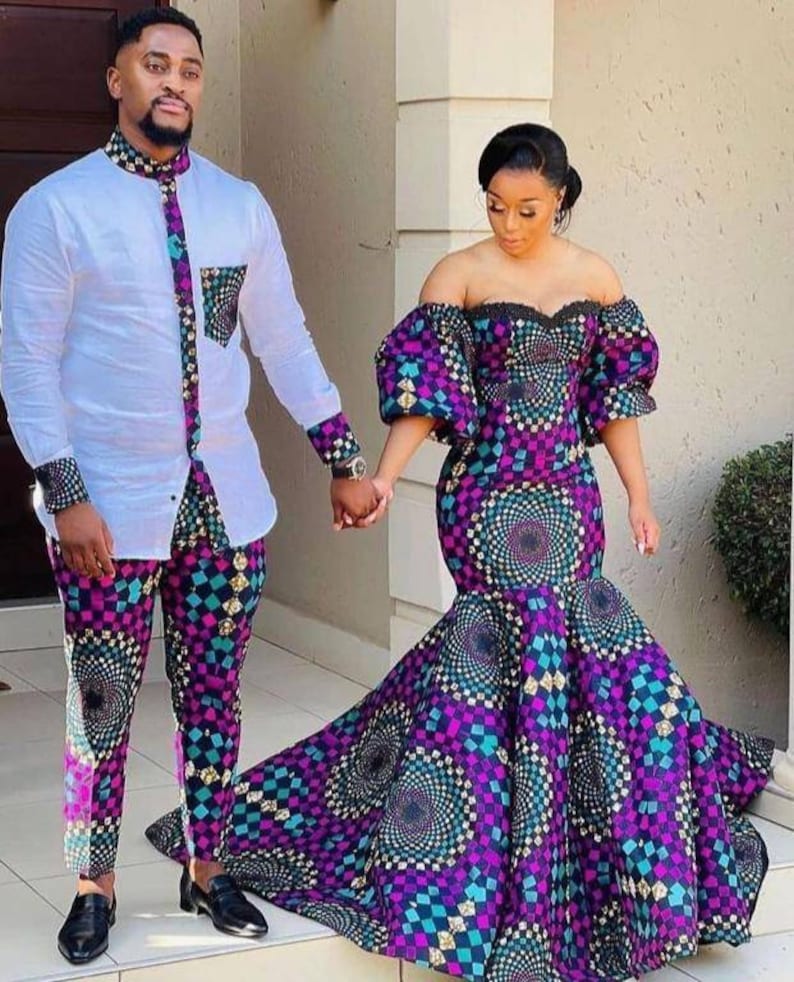 Couples African outfit, African mermaid gown, African engagent outfits, African wedding outfit Ankara gown, african couples traditional wear 