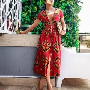 African print dress, Ankara midi dress, Ankara dress African clothing African fashion Ankara gown Ankara work wear Ankara zip down dress image 1