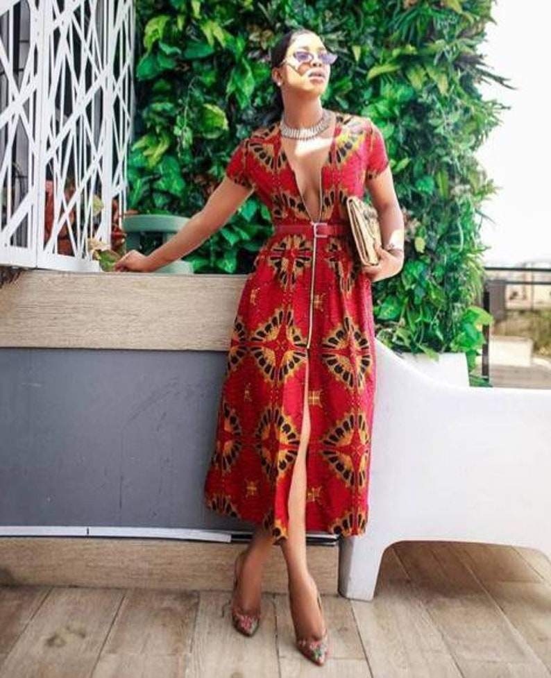 African print dress, Ankara midi dress, Ankara dress African clothing African fashion Ankara gown Ankara work wear Ankara zip down dress image 1