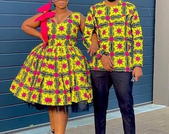 Couples African outfit, African print circle dress, African engagent outfits, ankara outfit for couples, Ankara gown, Men African shirt