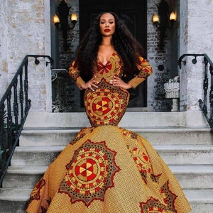 African mermaid gown, African dress, banquet dress, African prom dress, African wedding dress, Floor length dress, African red carpet dress image 1